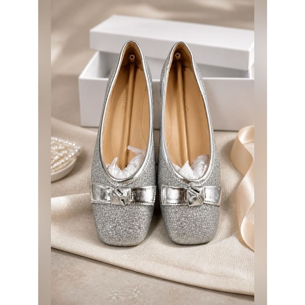 Dream Pairs Silver Glitter Ballet Flats with Bow